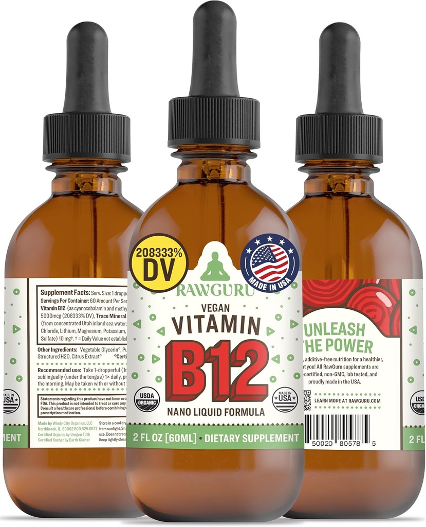 RawGuru Vitamin B12 Liquid Supplement - Organic Vegan Liquid B12 with Trace Minerals - Nano-Processed Antioxidant & Immune Support Supplement Tincture - 60 Servings of Vegan Drops per 60 ml, Pack of 1