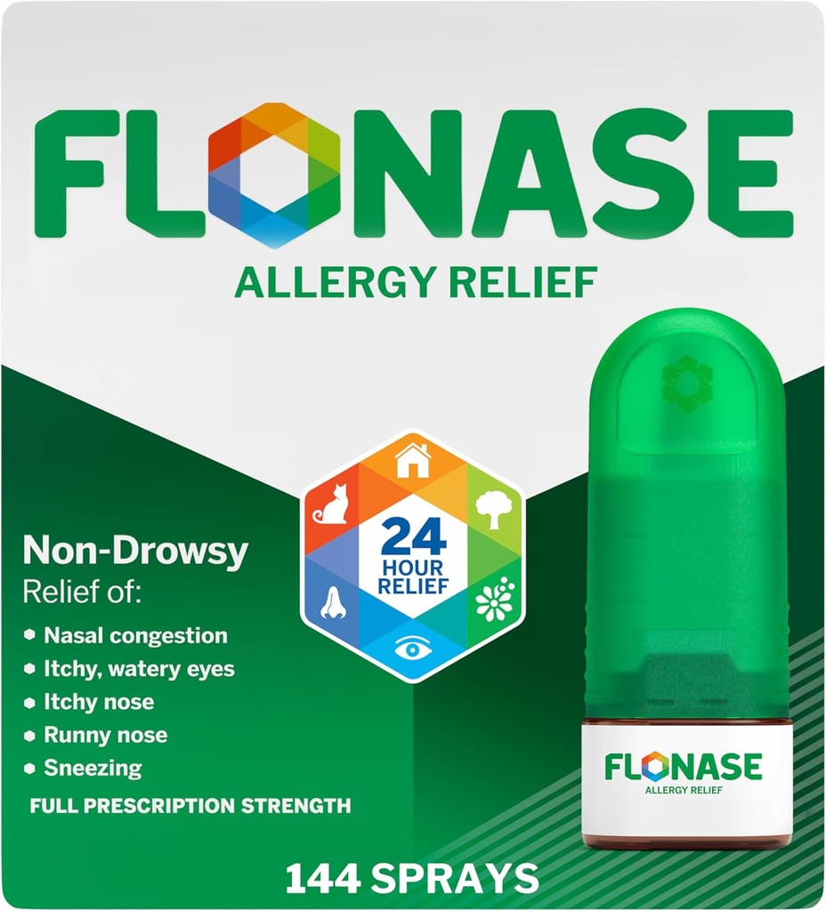 Flonase Allergy Relief Nasal Spray, 24 Hour Non Drowsy Allergy Medicine, Metered Nasal Spray - 144 Sprays- Fall and Seasonal Allergy Relief
