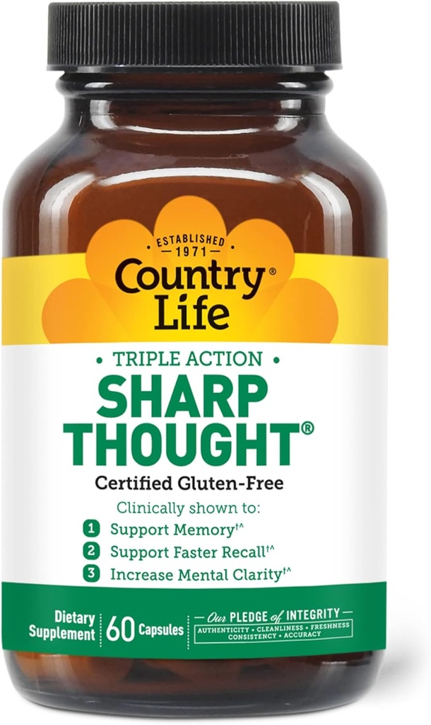 Country Life Sharp Thought - Memory & Cognitive Support Supplement – Sharp-PS Gold Phosphatidylserine + DHA – Promueve la claridad mental y el más rápido Reto – Gluten-Free, 60 cápsulas