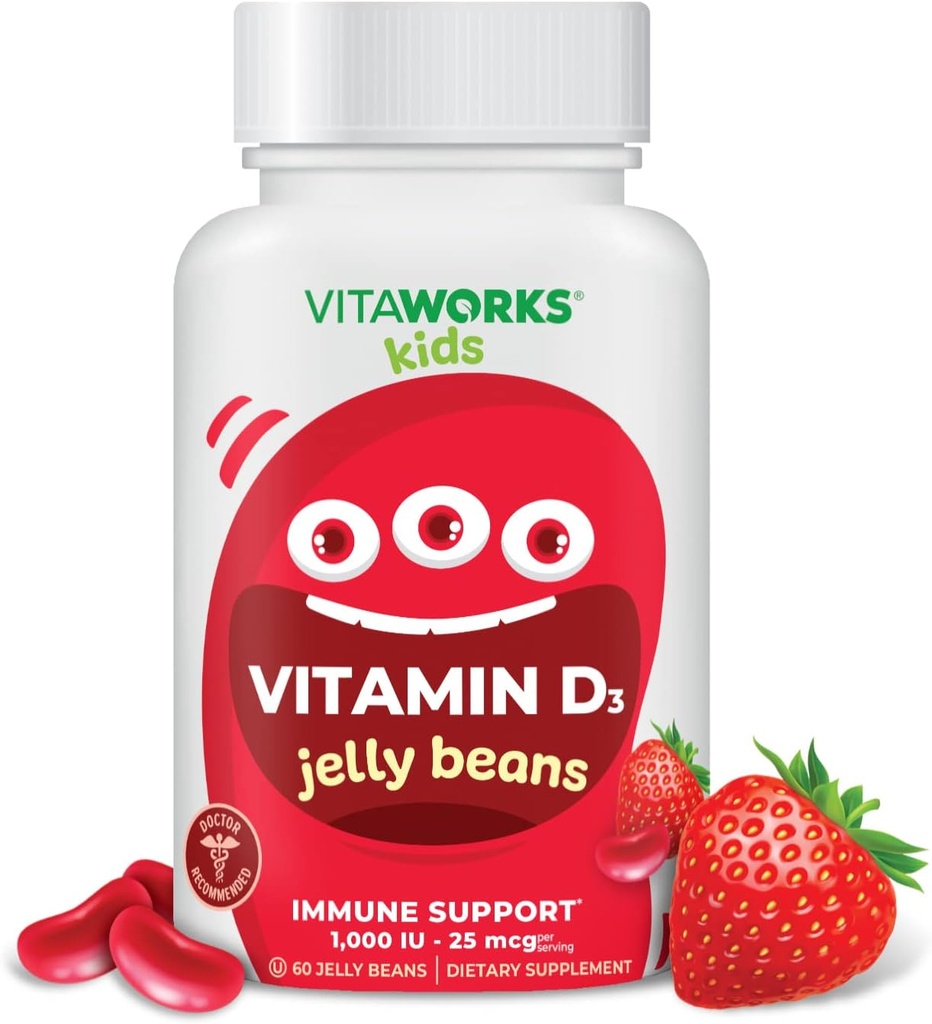 Niños Vitamina D 1000 frijoles UI - Sabor de fresa natural sabroso, vegetariano, libre de transgénicos, libre de gluten, vitaminas libres de nuez - Suplemento dietético para el soporte de inmuno - para niños - 60 Jellies