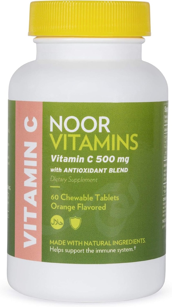 Vitaminas de Noor 500 MG Halal Vitamina C Tablas de Chewable + Rosa HIPS y Antioxidantes Apoyo Sistema I Vegan, Gluten libre &amp; Halal Vitamina 60 Tablas de Chewable Naranja I 2 Mes Fuente