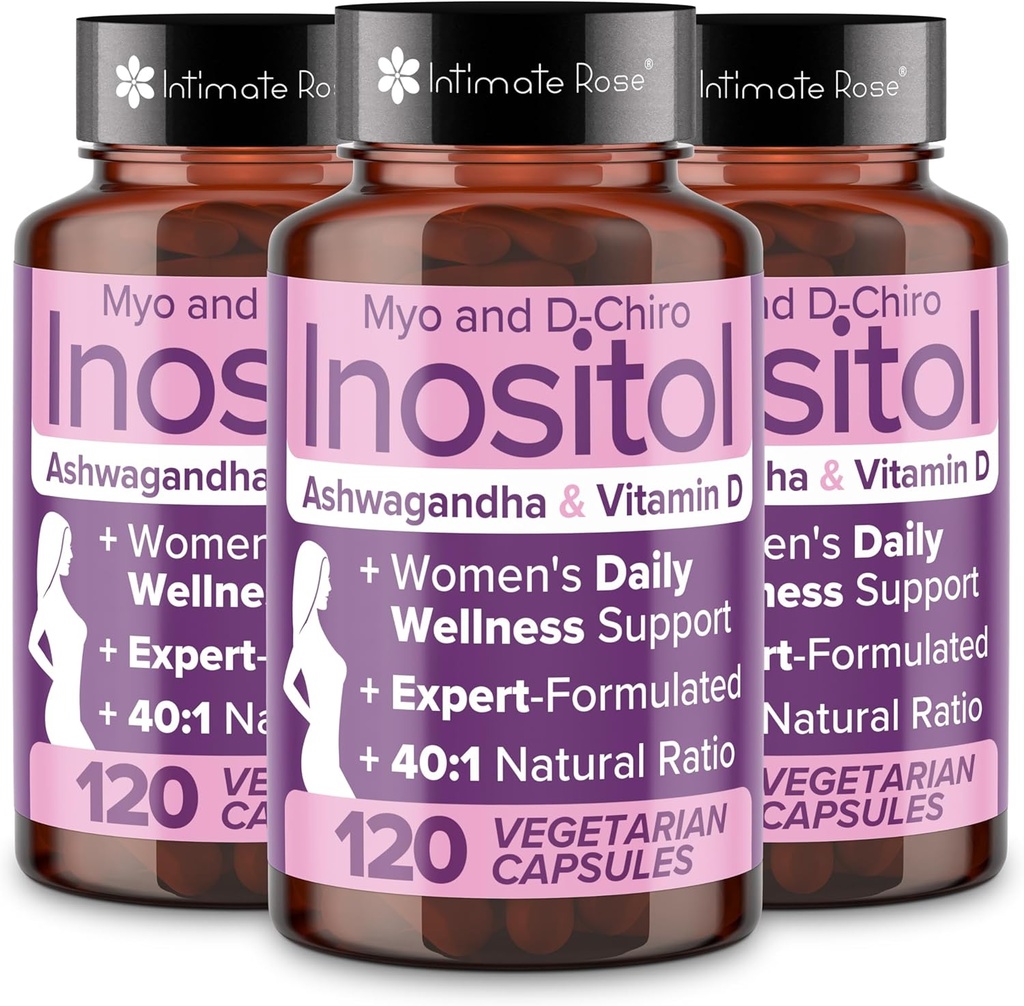 Intimar Rose Myo-Inositol & D-Chiro Inositol Blend - 40:1 Blend Ratio - Apoyo diario de la mujer - Vitamina D &amp; Ashwagandha, 3 Botellas