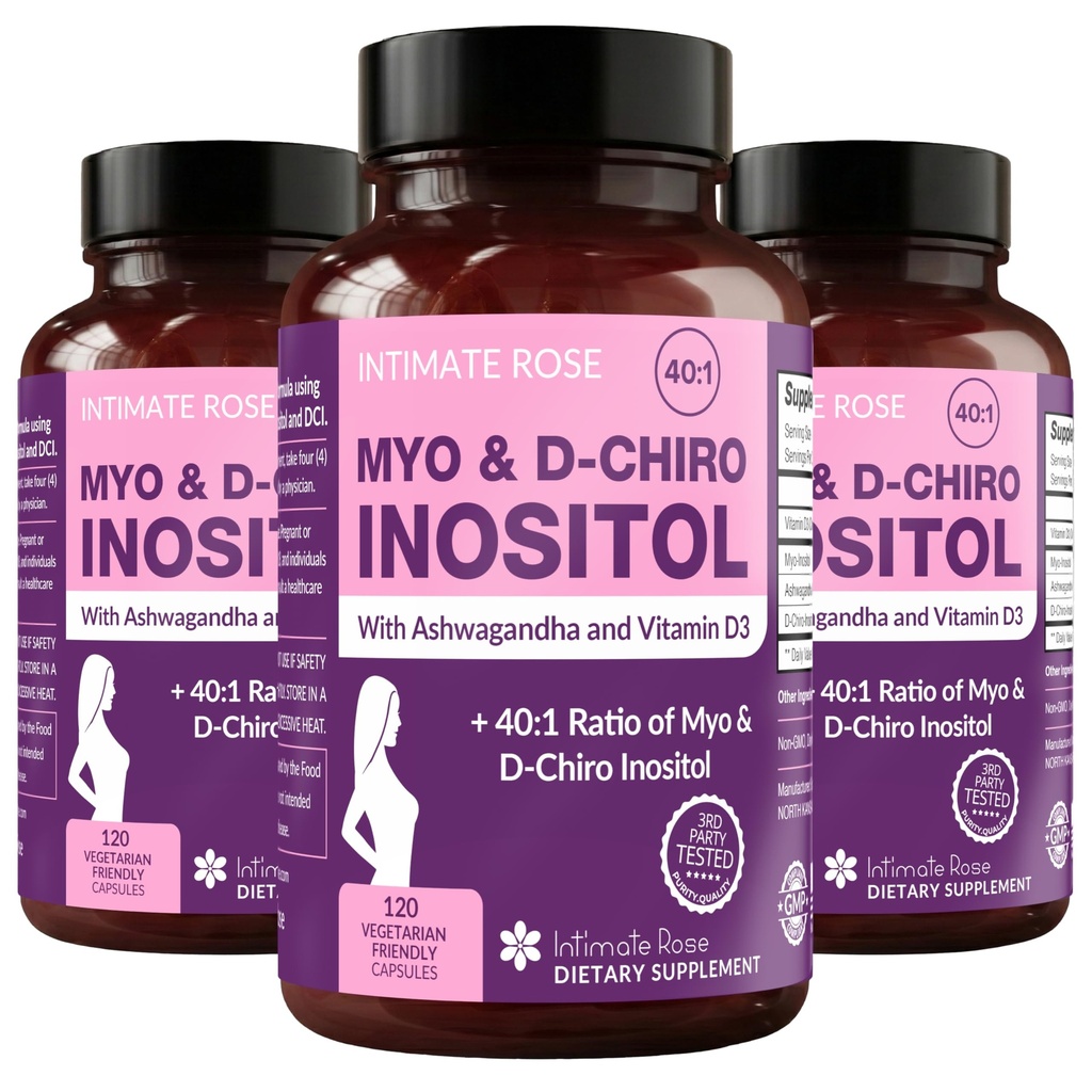 Intimate Rose Myo-Inositol & D-Chiro Inositol Blend - 40:1 Blend Ratio - Women's Daily Wellness Support - Vitamin D & Ashwagandha, 3 Bottles