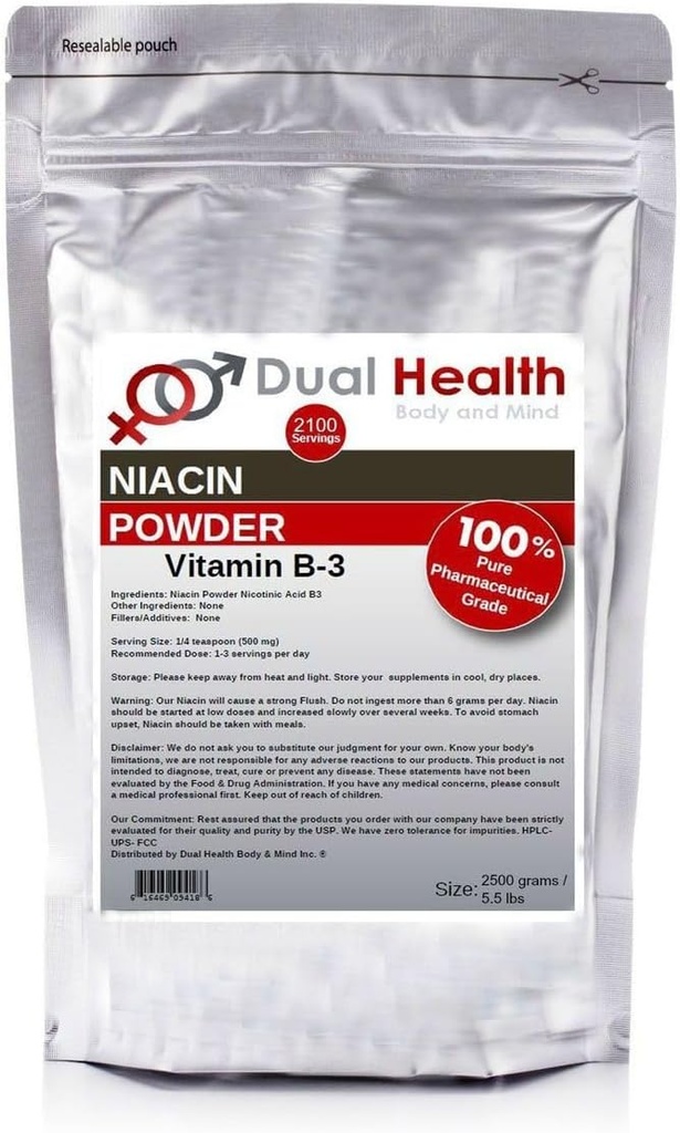 Niacin Powder (5,5 libras - 2,5 kilogramos) Vitamina B3 Bulk Suplemento Inmediata Liberación con Flush Ácido Nicotínico No GMO, Vegan, Gluten Sin Absorción Rápido Sin Filleres, Aditivos, Metales