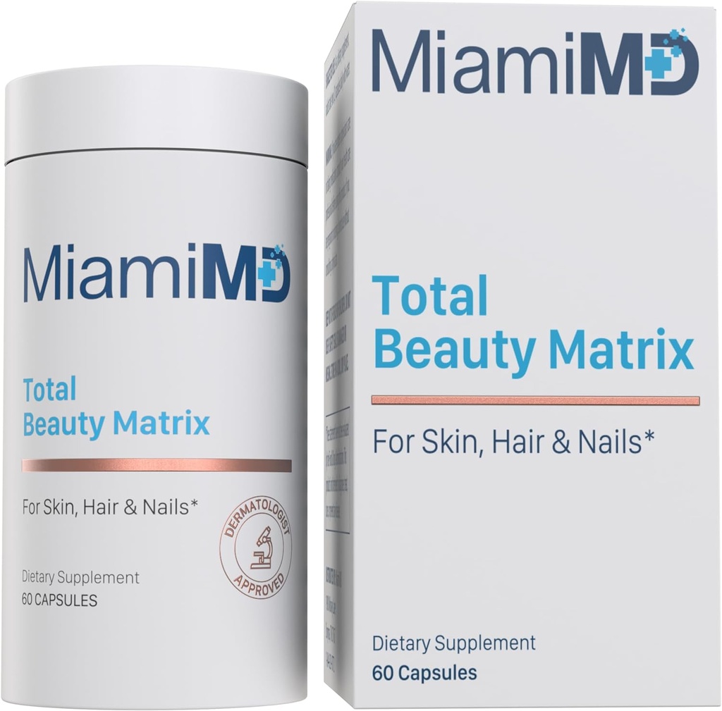 MiamiMD Total Beauty Matrix Collagen Supplements for Women - Collagen Capsules with Vitamin C for Hair, Skin and Nails - Cruelty Free - 60 cápsulas