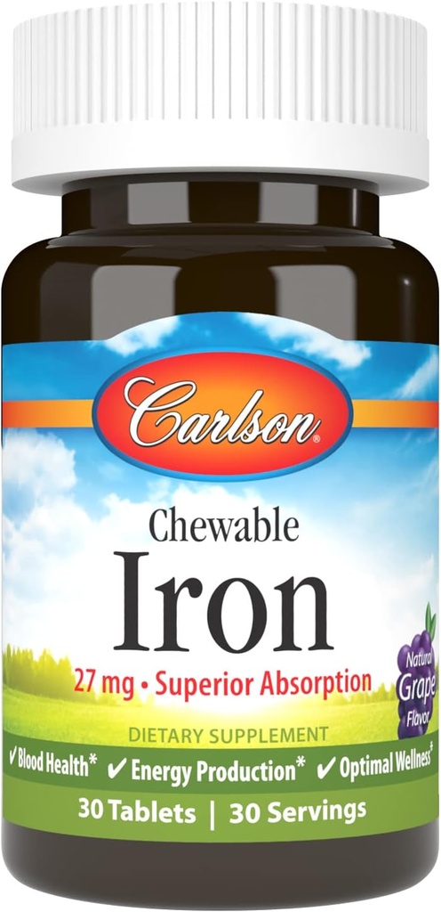 Carlson Chewable Iron 27 mg, Grape, Sangre, 30 Tabletas