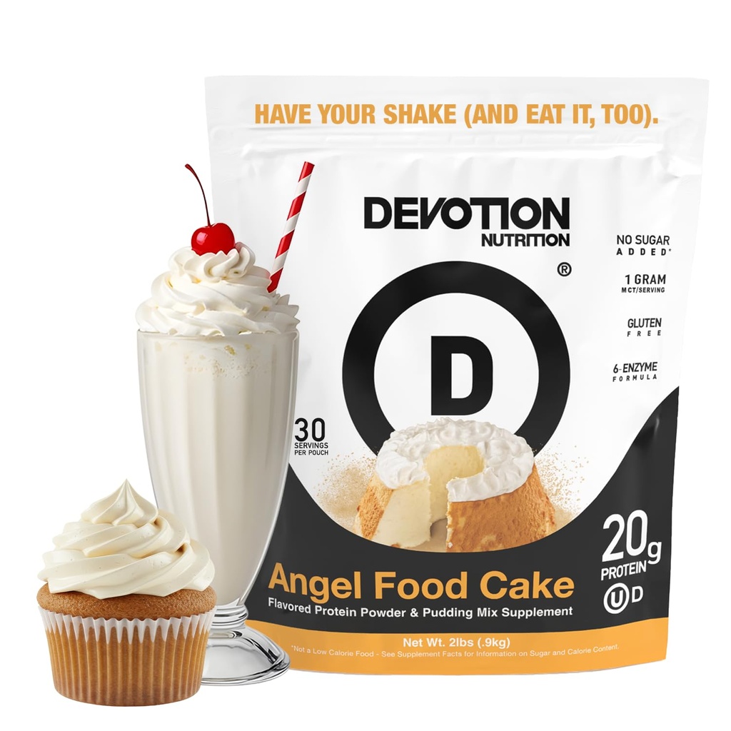Devotion Nutrition Angel Food Cake Protein Powder for Shakes, Baking, Pancakes, Desserts – 20g Whey Isolate & Casein Protein Blend – No Added Sugar, Low Carb, Gluten-Free, Keto-Friendly with MCT – 2lb