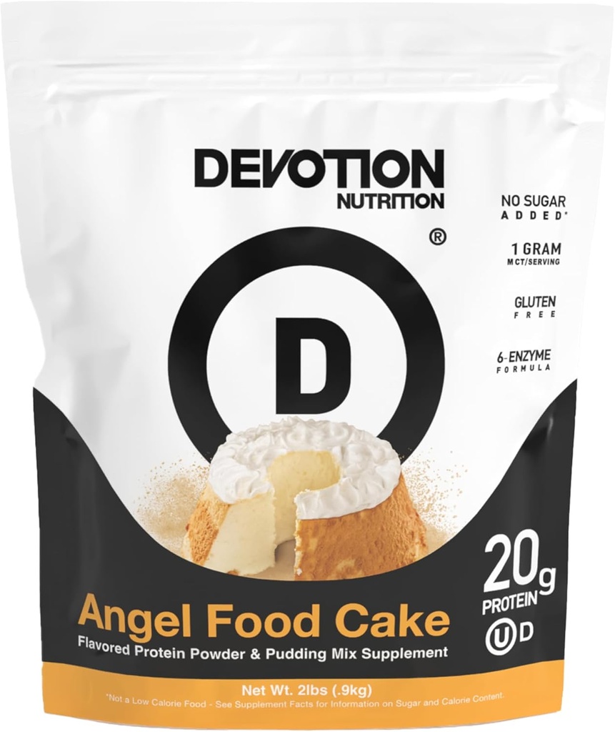 Devotion Nutrition Protein Powder Angel Food Cake – 20g Whey Isolate & Casein Protein Blend – No Añadido Sugar, Low Carb, Gluten-Free, Keto-Friendly, 1g MCT, Kosher – 2lb Pouch