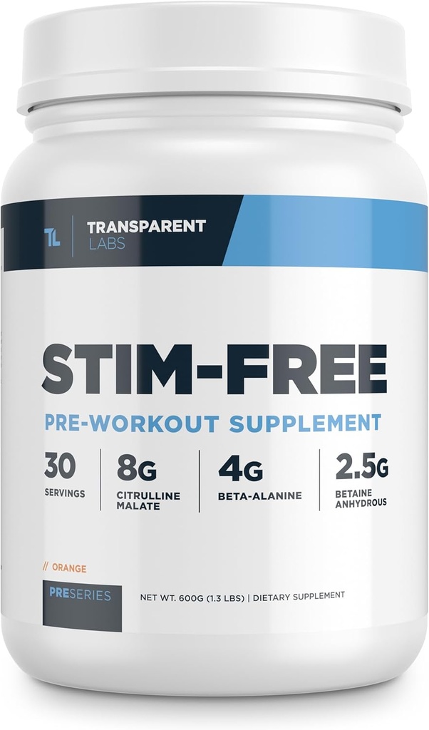 Transparent Labs Stim-Free Pre-Workout - Caffeine & Stim Free Pre Workout Powder for Men and Women with Beta Alanine Powder, Citrulline Malate, & elevATP - 30 Servings, Orange