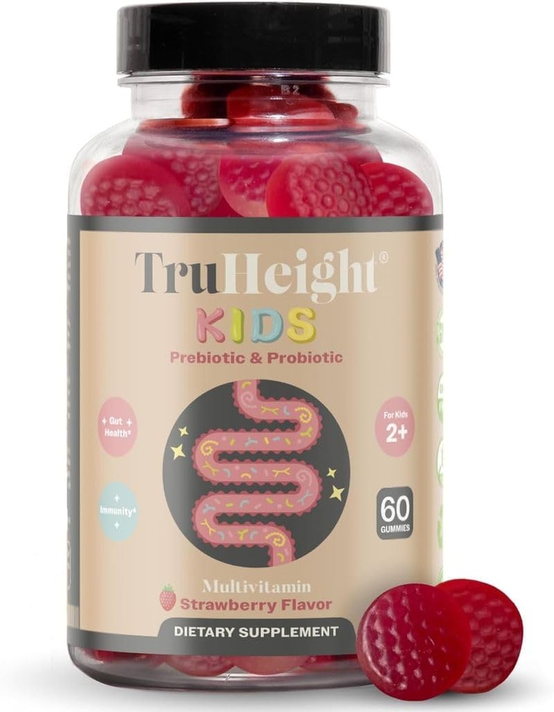 TruHeight Kids Prebiotic & Probiotic Gummies Ages 2+ (Strawberry Flavor) Toddlers &amp; Kids All Natural Gut Health, Digestive Enzymes &amp; Constipation Relief Supplement - Pediatric Recommended Vitamins