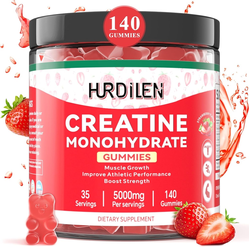 140 Conde Cretina Monohydrate Gummies, 5000mg Cretina Monohydrate No Sugar Gummies for Mujeres &amp; Hombres con L-Taurina, Vitamina B12 para Estrés muscular, Recuperación de músculos, Glute Builder, Energy Boost