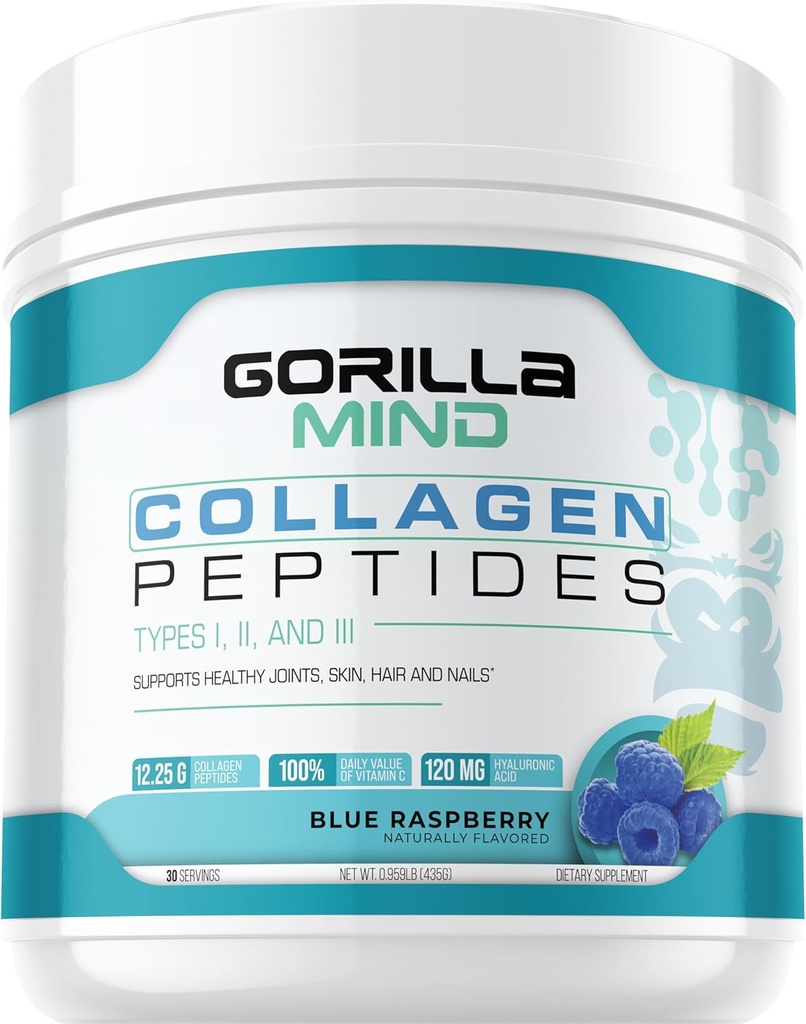 Gorilla Mind Collagen Peptides Powder - Conjunto " Bone Health/Great for Hair, Skin " Nails/Sleep Support/Types I, II, III/Mix in Water, Juice or a Smoothie - 435g (Blue Raspberry)