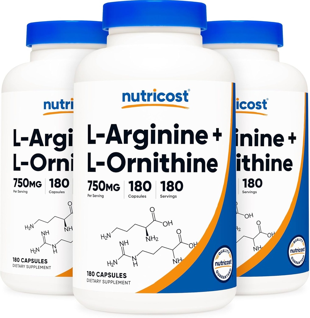 Nutricost L-Arginine L-Ornithine 750mg; 180 capsules (3 botellas)