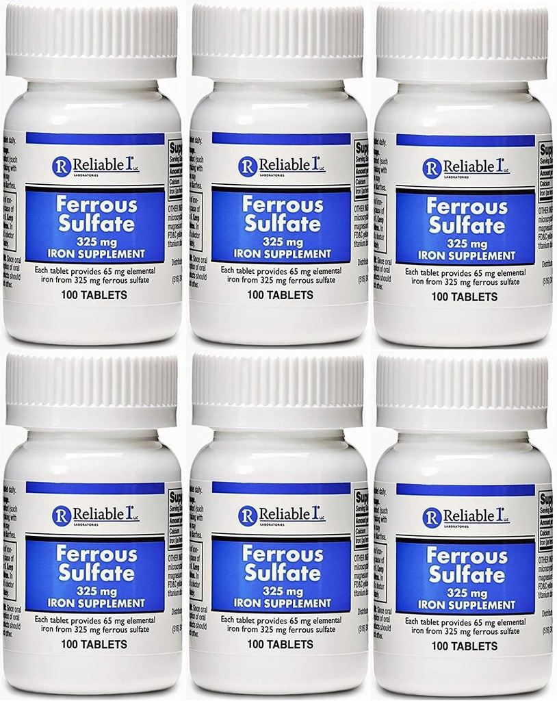 Ferrous Sulfate Iron 325 mg Genérico para Feosol 100 Tablets PACK de 6