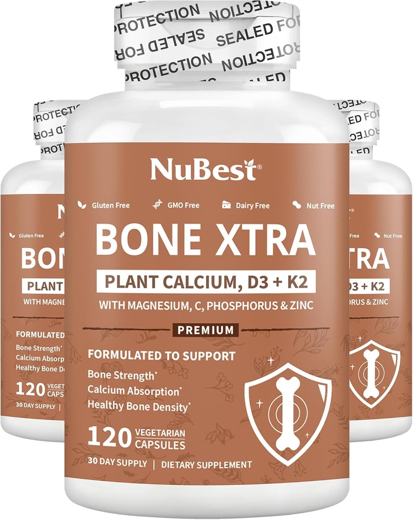 Bone Xtra - Vegan Bone Strength Formula for Stronger Bones, Calcio con base en plantas de Algas Marinas, Vitaminas D3, Vitamina K2, Magnesio, Fisforo &amp; Más para Adolescentes, Adultos - 3 Meses Suministro ← 3 Pack