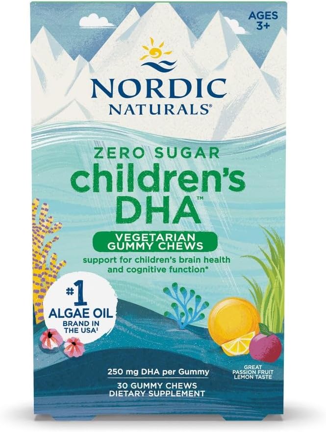 Nordic Naturals Zero Sugar Children’s DHA Vegetarian Gummy Chews - Passion Fruit Lemon Flavor - 30 Gummies - Vegan Algae Oil Omega-3 Suplemento para Kids Brain & Cognition Support - 30 Servings