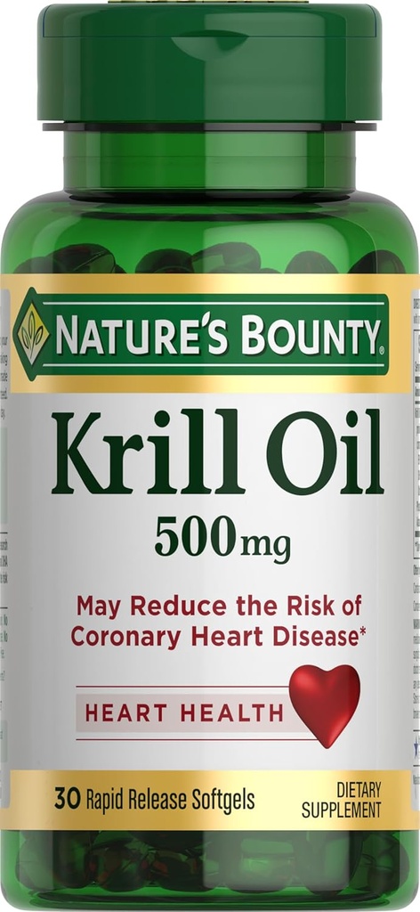 Aceite Bounty Krill, Salud cardíaca, Suplemento dietético, 500 mg, liberación rápida Softgels, 30 cuentan