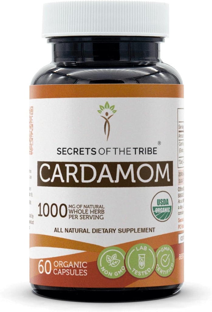 Secrets of the Tribe Cardamom 60 Capsules, Made with Vegetable Capsules and USDA Organic Cardamom (Elettaria cardamomum) Dried Pod (60 Capsules)