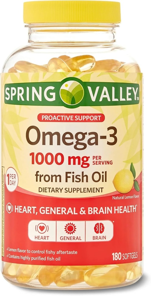 Spring Valley Omega-3 1000 mg de Fish Oil, Heart, Brain Health, Lemon,180 Softgels