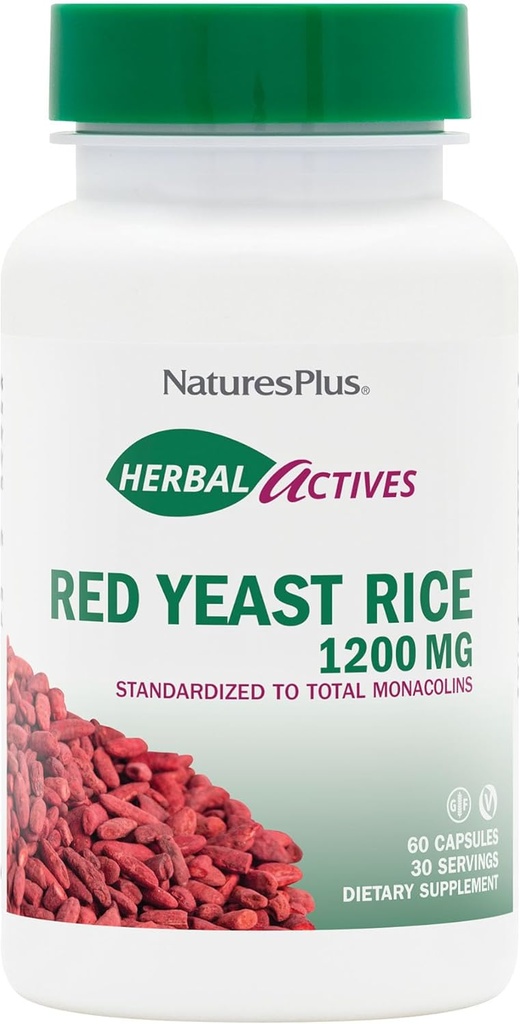 NaturesPlus Herbal Actives Red Yeast Rice 1200 mg - 60 Capsules - Non-GMO, Vegan, Gluten Gratis - 30 Servings