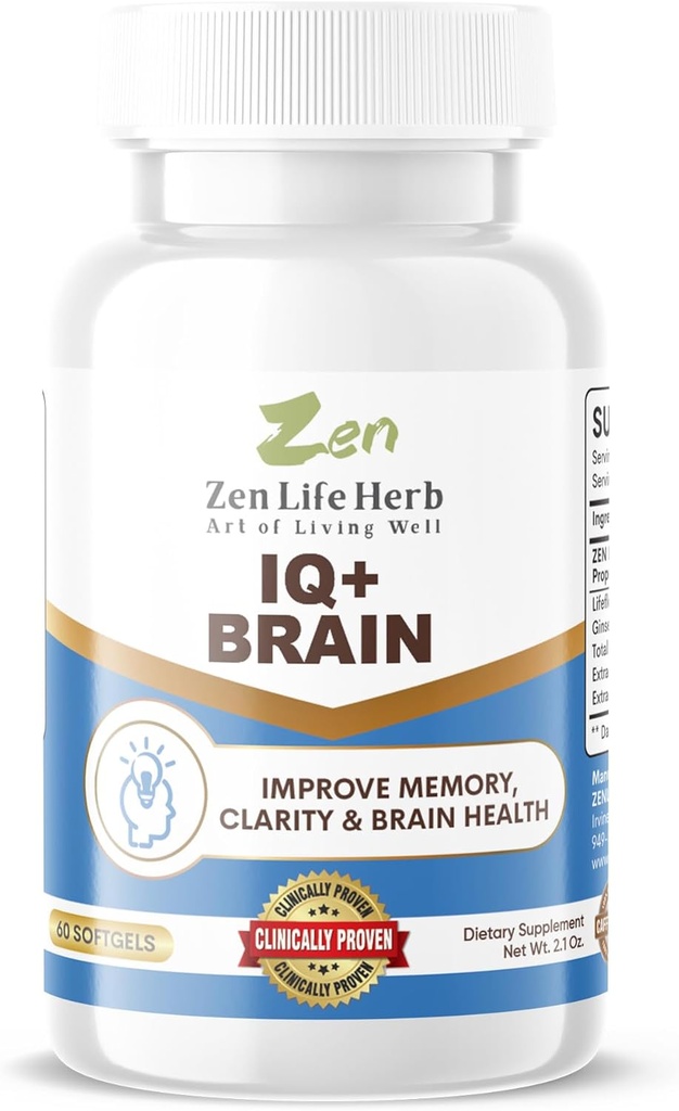 ZEN LIFE HERB IQ+ Cerebro - Caffeine-Free, Clinically Tested Focus, Concentration, Memory & Energy, Natural Plant-Based Herbal Suplemento, No Añadido Vitaminas/Minerales/Mushroom/Sugar (60 Softgels)