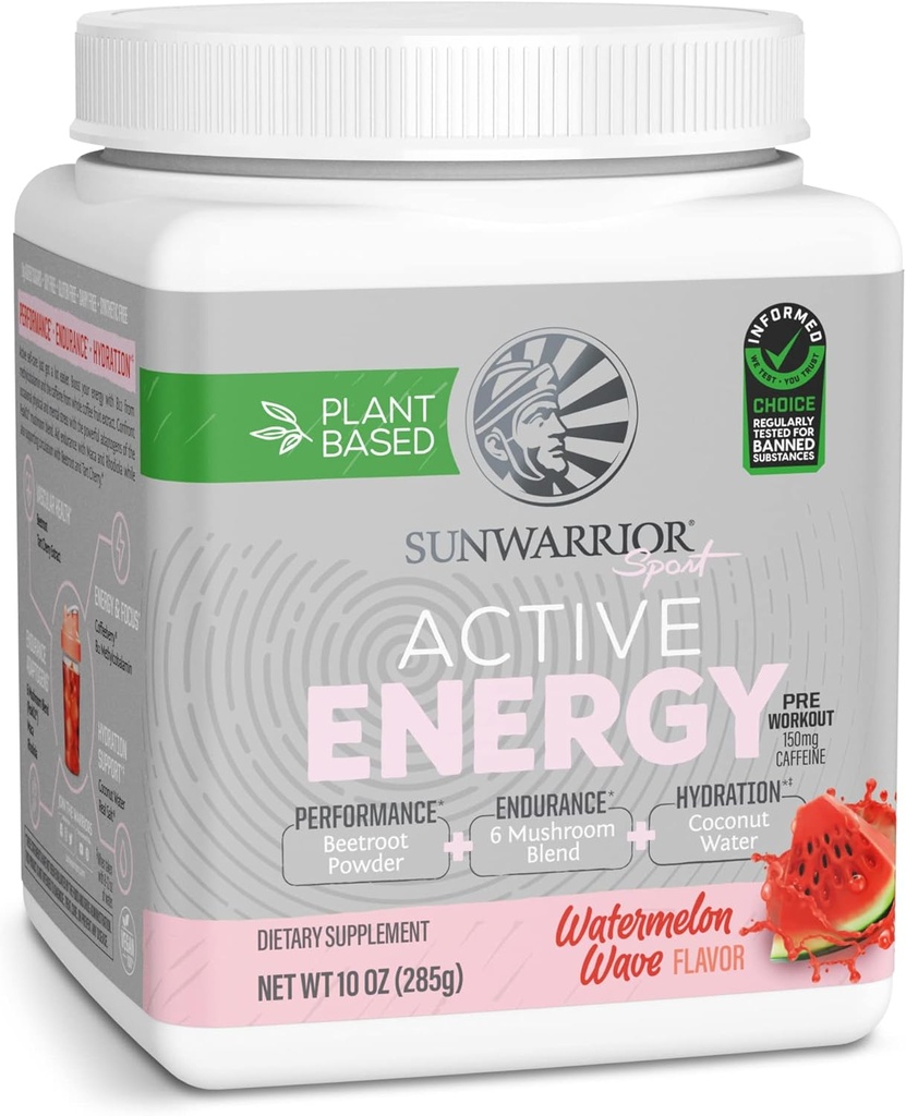 Sunwarrior Planta-Based Preworkout Powder Hydration Blend ¦ Coconut Water Mushroom Blend Soy Free Sugar Free Gluten Free Dairy Free Synthetic Free ← Watermelon Wave 30 Servings ← Sport Active Energy