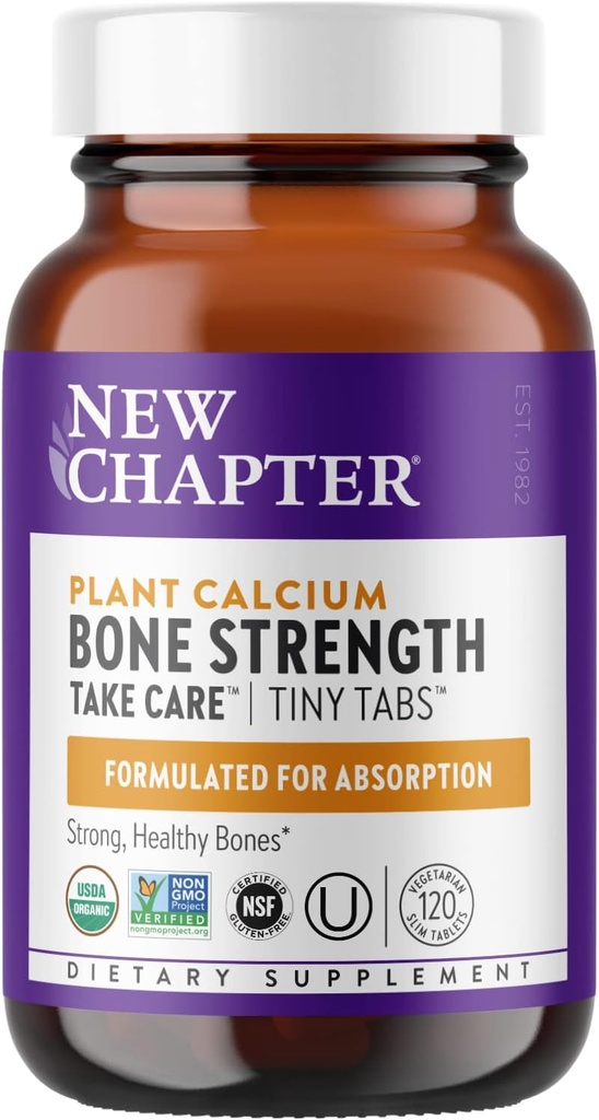 Nuevo capítulo Suplemento de calcio - Bone Strength Tiny Tabs Calcio orgánico con magnesio, vitamina D3+K2, 70+ Trace Minerals for Bone Health, Gluten Free, Easy to Swallow - 120 ct