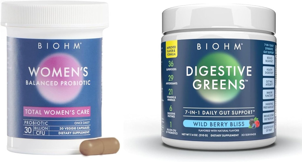 BIOHM Probióticos femeninos 30B CFU & Super Greens/Kids Berry Blast Bundle: Gut & General Health Support, 9 Strains, 30-Day Supply, Rich in Antioxidants