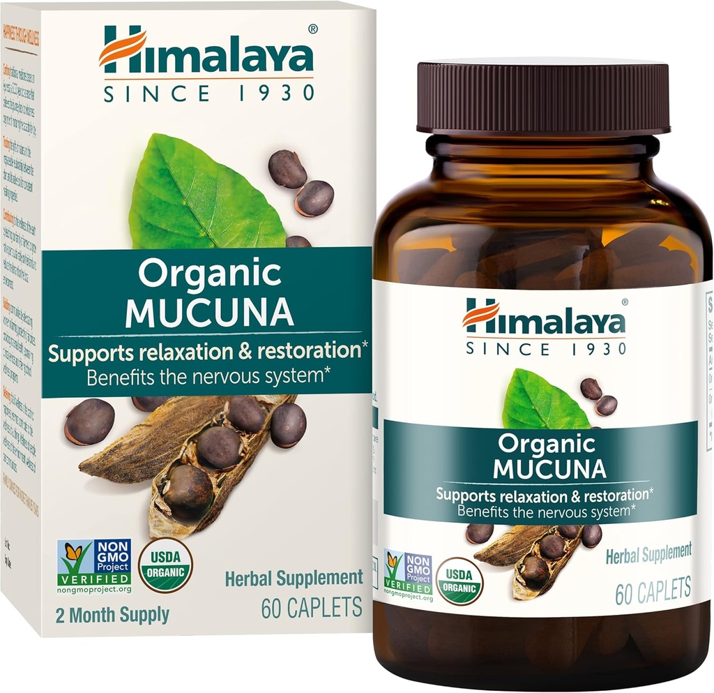 Himalaya Orgánica Mucuna Pruriens, 60 Day Supply - Suplemento herbal para calmar la relajación de la tensión y promover la función cerebral - Vegan, No GMO, Gluten Gratis, 600 mg, 60 cápsulas