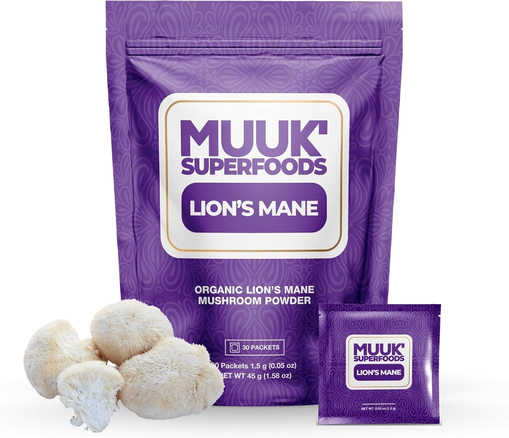 SUPERFOODS DE MUUK ← Mane Mushroom Powder de León Orgánico tóxico Brain Boosting ON-The-GO Packets Silencio Made in USA ← 30 Sachets (1.5g)