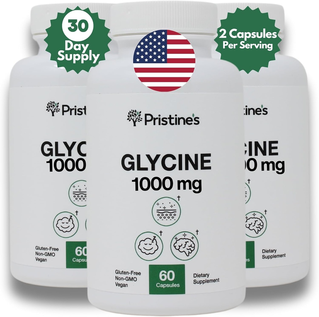 Glicina de PRISTINE 1000MG Aminoácidos Suplemento de apoyo al sueño cápsulas (3-Pack) - 90 Day Supply - Recuperación de músculos, Kidney Health & Collagen Formation Support