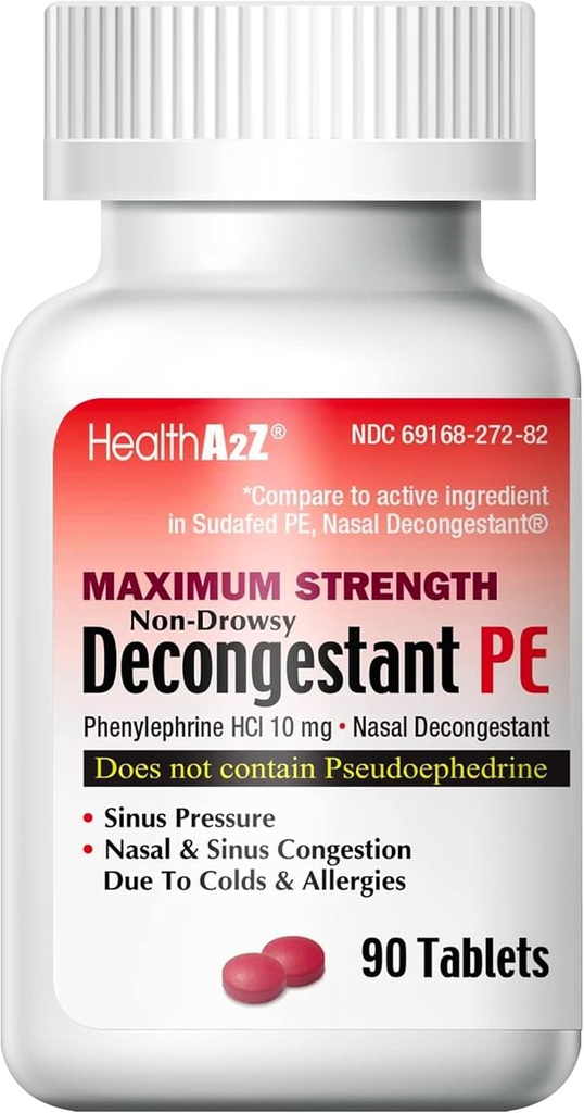 HealthA2Z® Decongestant PE ← Phenylephrine HCl 10 mg peru Maximum Strength ← Non-Drowsy Nasal & Sinus Congestion Relief Debido a las alergias frías (90 Conde (Pack of 1))