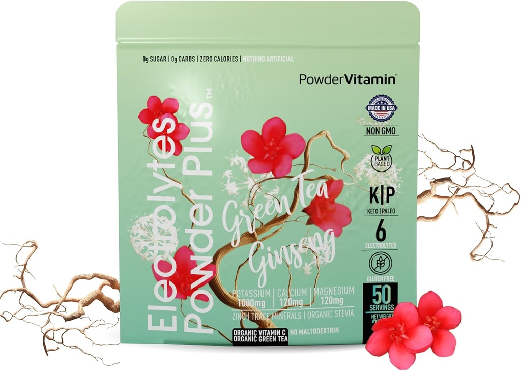 PowderVitamin Electrolytes Powder Plus (50 Servings) Green Tea Ginseng Electrolyte Powder Keto, Sugar Free, Pink Himalayan Salt,1000mg Potassium,120mg Calcium,120mg Magnesium, Hydration Powder