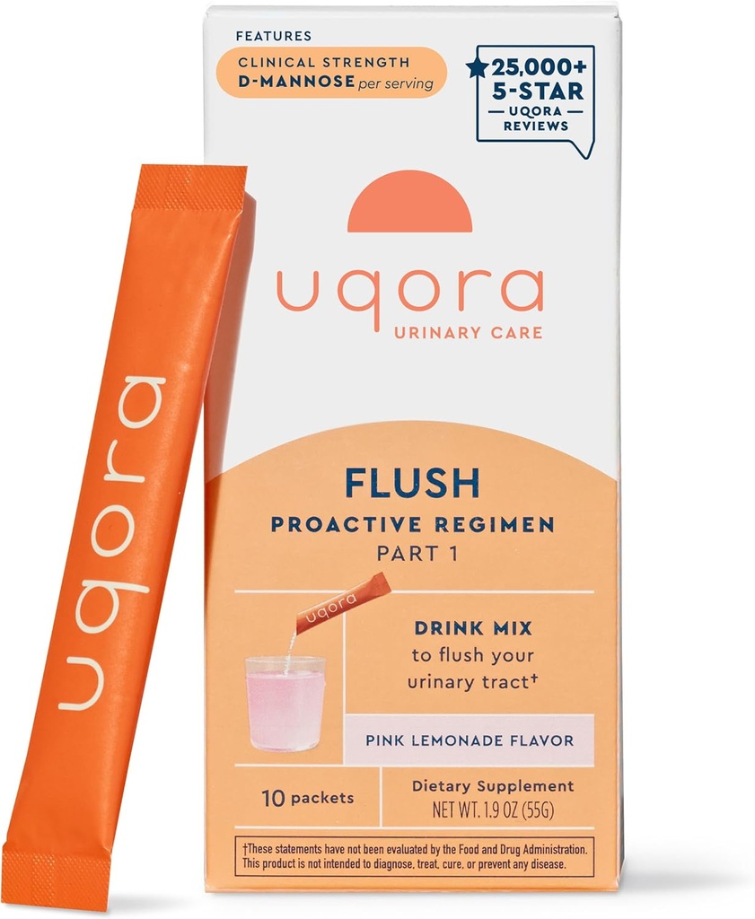 Uqora Flush - Urinary Tract* con D-Mannose, Vitamina C, Vitamina B6, Potasio, Magnesio y Calcio - Gluten-Free &amp; Vegan - Pink Lemonade Flavor - 10 Packets (1 Pack)