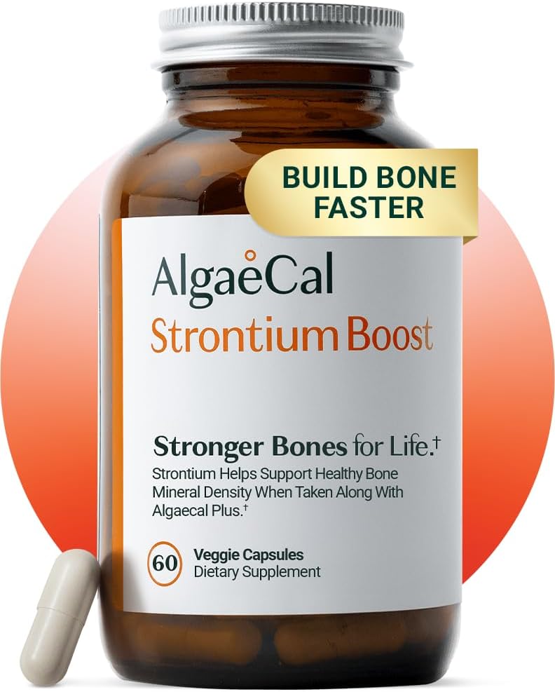 AlgaeCal - Strontium Boost, Suplemento Natural de Calcio para el aumento de la densidad de hueso, Citrato de estroncio 680 mg, Fácil de Tragar para la salud de huesos, Gluten-Free - 60 Veggie Caps- Made in USA
