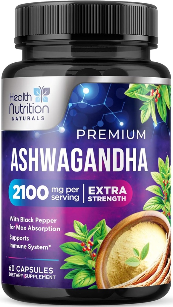 Suplementos de Ashwagandha - 2100mg Cápsula de Ashwagandha para Hombres de Mujeres, Apoyo Antioxidante Natural, Extracto de Ashwa Root, Apoyo a la calma de fuerza extra con Pepper Negro, Vegan &amp; Gluten Gratis - 60 Cápsulas