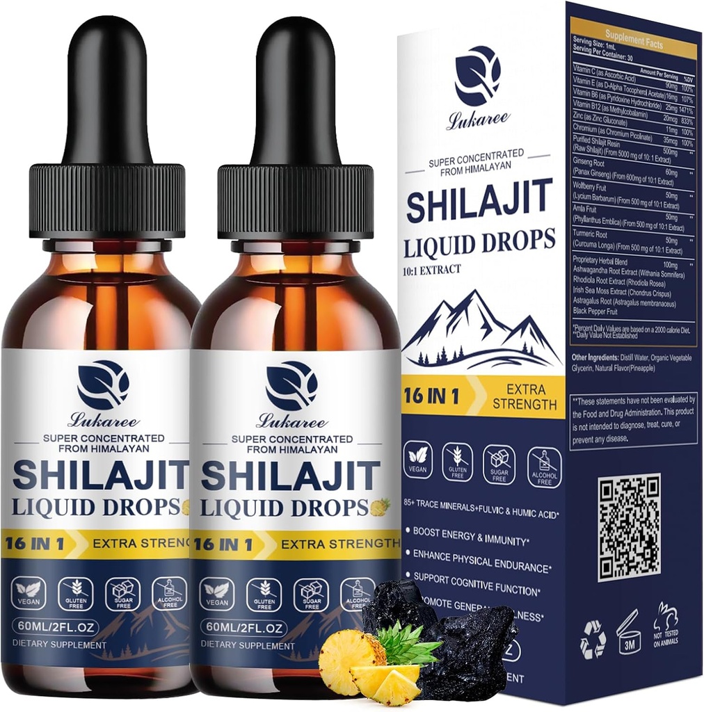 Lukaree 16-in-1 Shilajit gotas para hombres y mujeres, Ashwagandha, Ginseng, Turmeric, Rhodiola, Amla, Sea Moss, Liquid Vitamin Supplement with 85+ Trace Minerals and Fulvic Acid, 2 FL Oz (2 Pack)