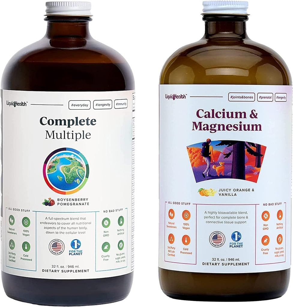 LIQUIDHEALTH Completa Múltiple Multivitamínico &amp; Calcio y Magnesio Liquid Vitamin Bundle para Adultos - Whole Body Health, Immune System, Bone & Joint Support - Whole Foods, Vegan, Non-GMO, USA Made