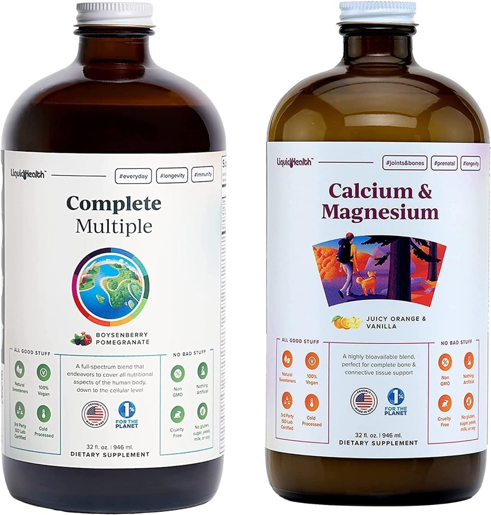 LIQUIDHEALTH Completa Múltiple Multivitamínico &amp; Calcio y Magnesio Liquid Vitamin Bundle para Adultos - Whole Body Health, Immune System, Bone & Joint Support - Whole Foods, Vegan, Non-GMO, USA Made