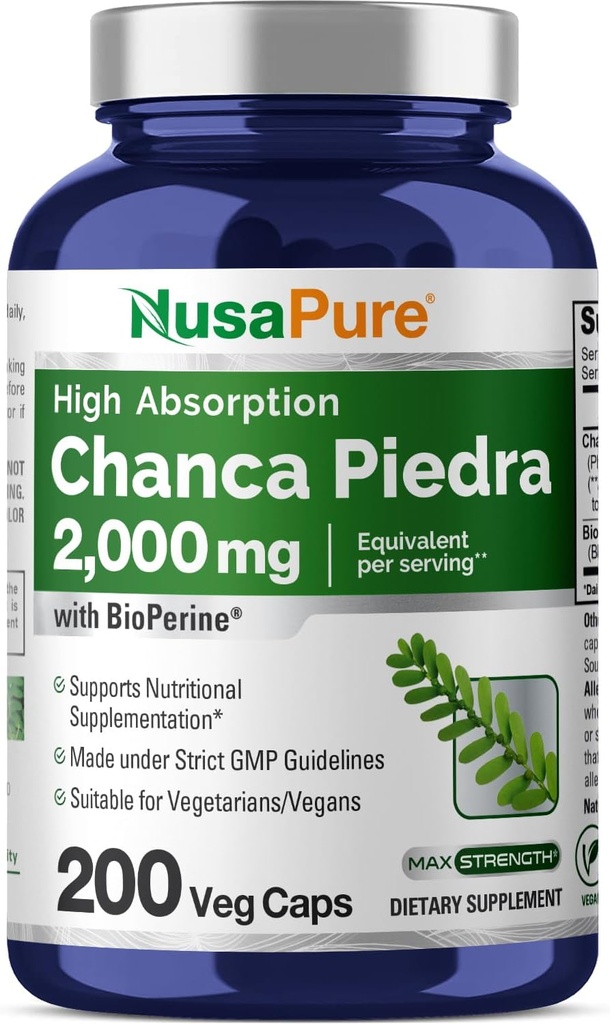 NusaPure Chanca Piedra 2000mg ← 200 Veggie Caps ← Herbal Extract Suplemento Silencio Extract 10:1, Non-GMO, Bioperine tención 100 Servimientos por botella