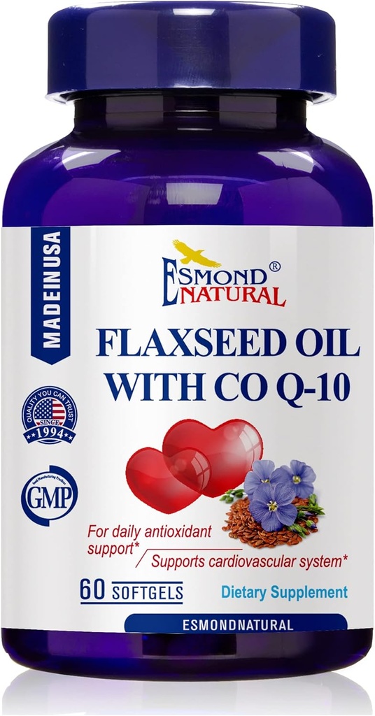 Aceite de Flaxseed con CO Q-10 (Apoyo antioxidante diario y sistema cardiovascular), GMP, Certificado de Assn de Producto Natural, Hecho en EE.UU. - 400mg, 60 Softgels