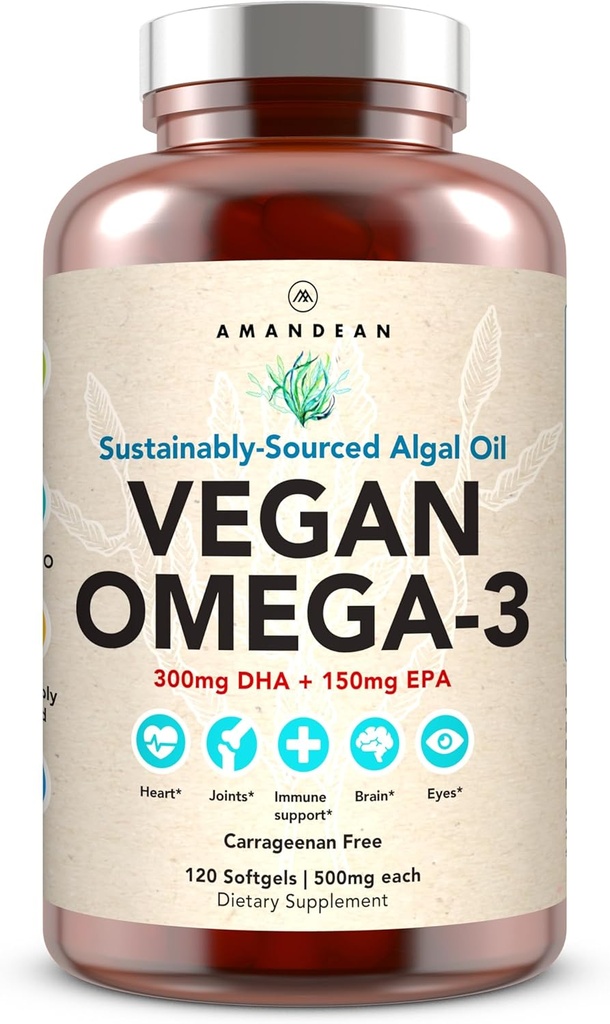 AMANDEAN Vegan Omega 3 Suplemento. Premium Fish Oil Alternative. Algae DHA &amp; EPA. Carrageenan Free Softgels. Ácidos grasos esenciales de Algal. Corazón, Cerebro, Ojo, Esquía, Apoyo Inmunitario. (120ct)