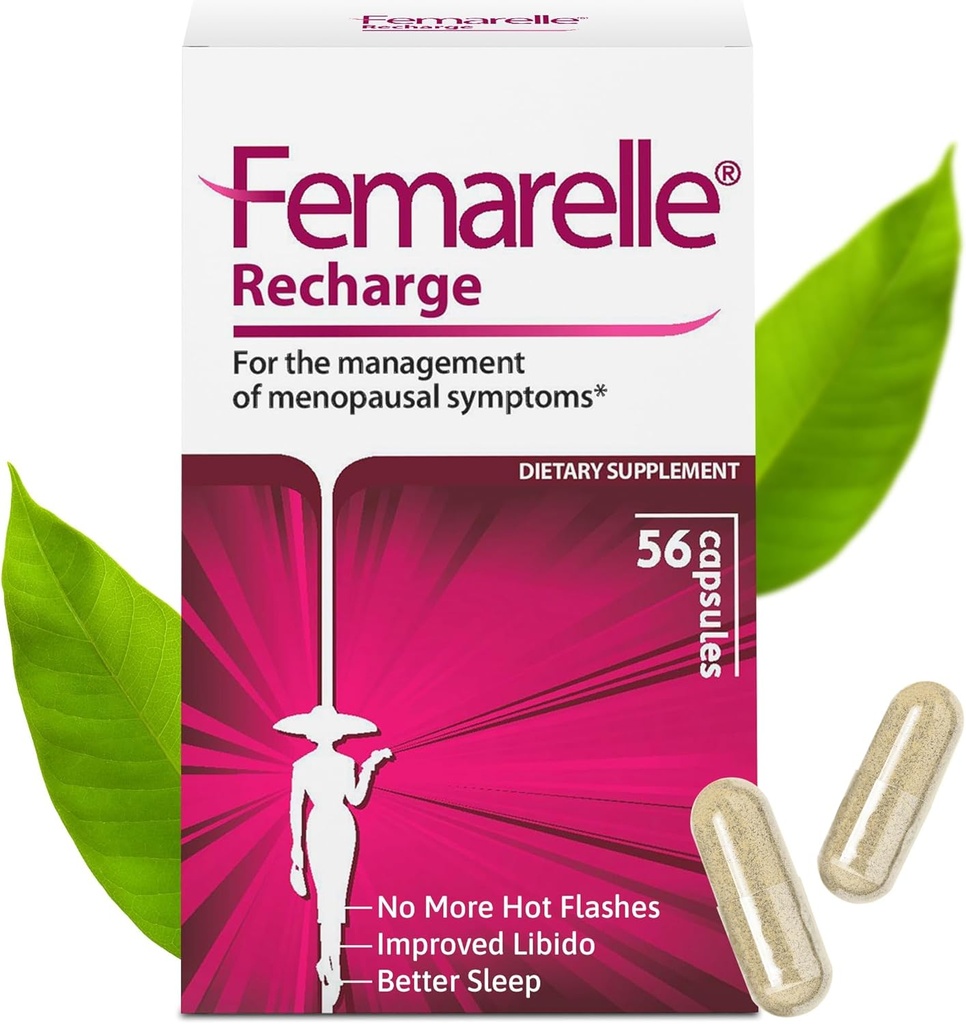 Recarga Femarelle® – Suplemento de la menopausia para las mujeres - Alivio de la menopausia clínica - Flashes calientes, sudaderas nocturnas, soporte para el sueño " Libido en el primer mes, libre de gluten, libre de transgénicos "