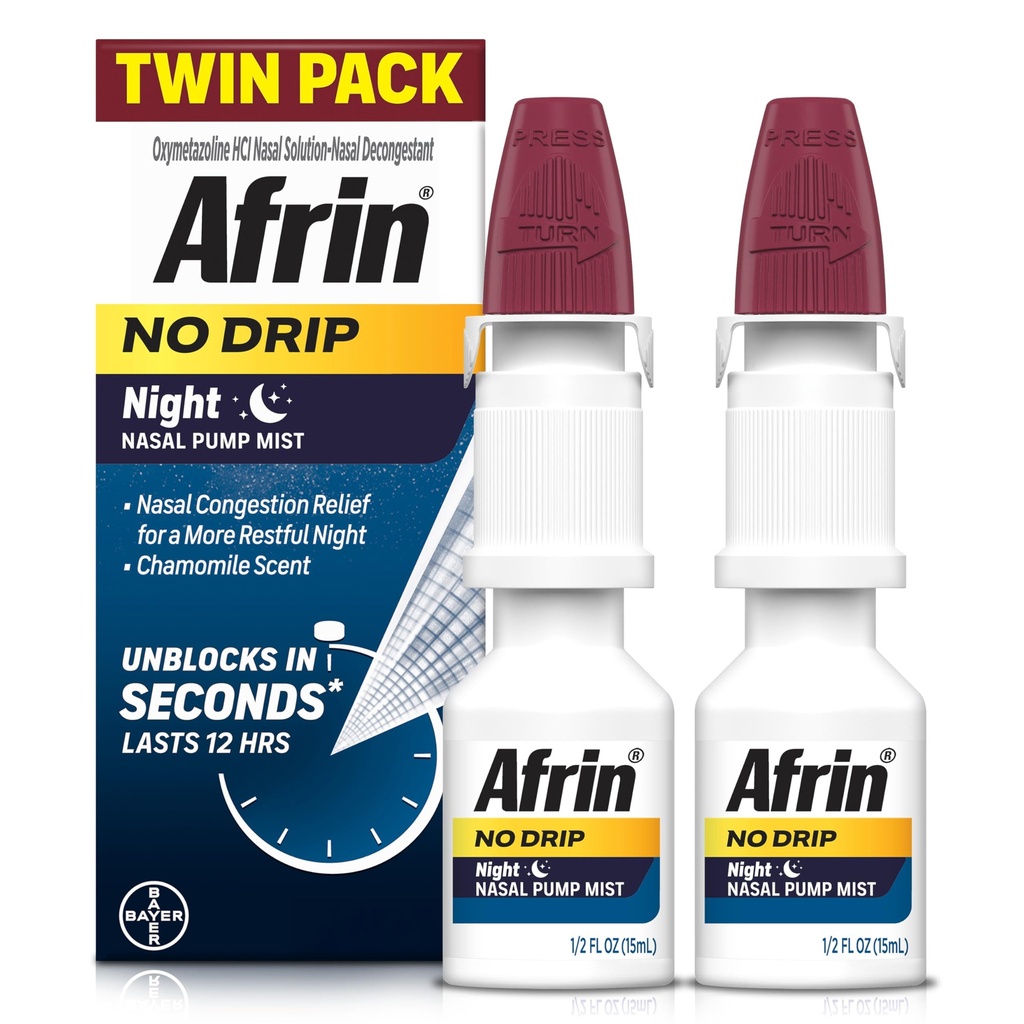 Afrin No Drip Night Nasal Mist Twin Pack, Non-Drowsy, Fast-Acting Decongestant for Restful Sleep with Chamomile Scent, Adults and Children 6 and Older, .5 fl oz (Pack of 2)