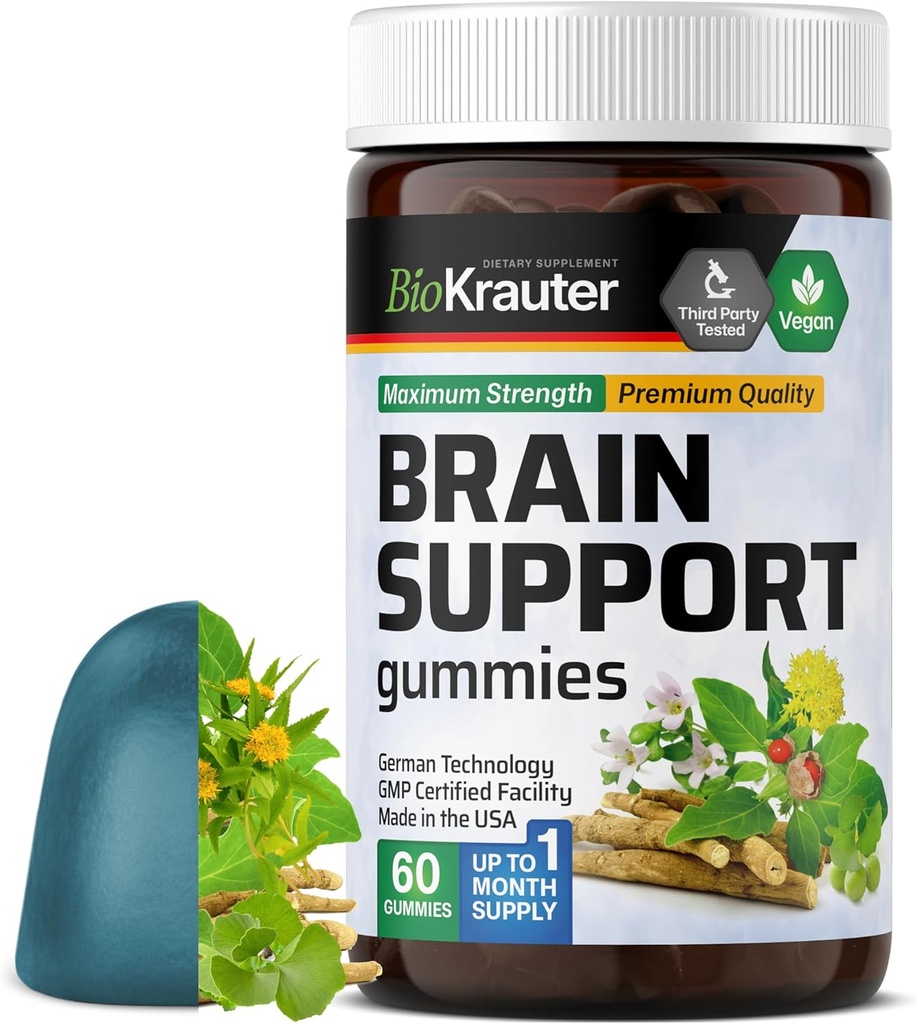 BIO KRAUTER Brain Support Gummies - 60 Chews Vegan - Suplemento natural del cerebro - Ashwagandha, Ginkgo Biloba, Bacopa, DMAE y Vitaminas para el apoyo cognitivo