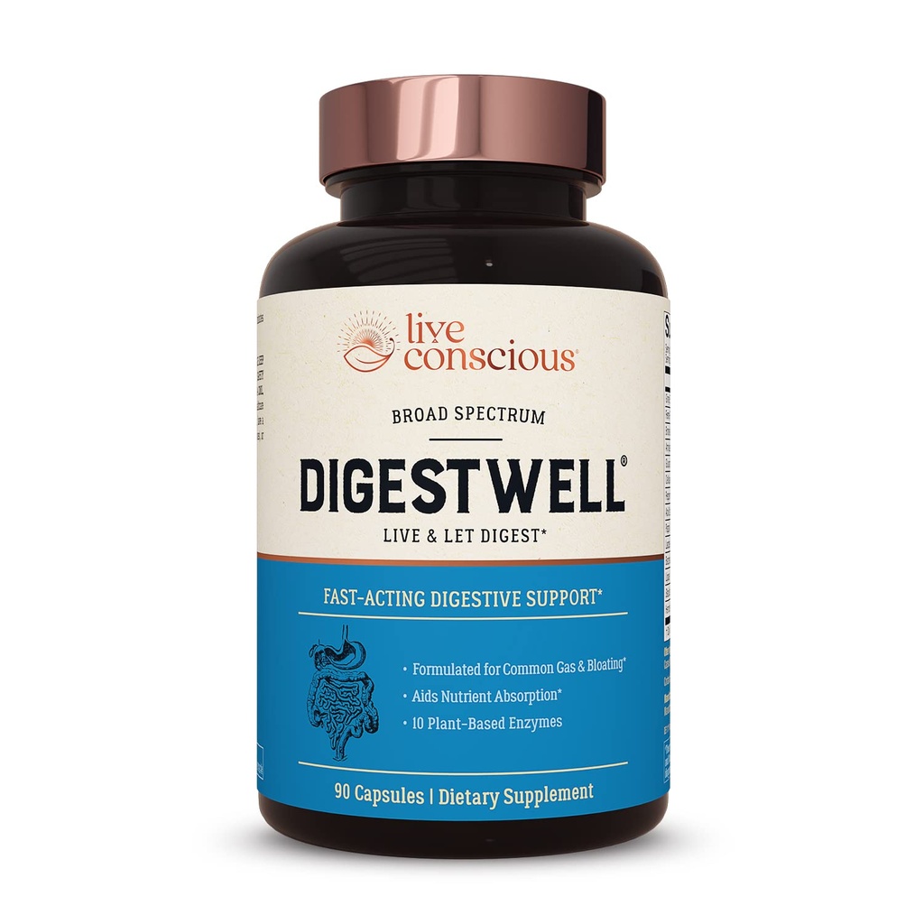 Live Conscious DigestWell Asistencia Inmediata - Soporte Digestivo de acción rápida TEN Broad Spectrum Enzyme, Probiotic & Herbal Fórmula - Disminuye Todos los días Gas &amp; Bloating - 90 cápsulas