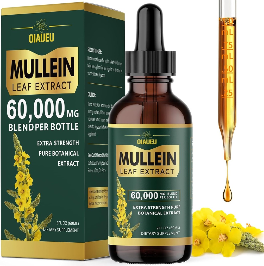 Fundas de Mullein Orgánica para Pulmones, Mullein Leaf Tincture Soporte Lung Cleanse, Suplemento Natural Extracto Líquido para Detox Pulido y Salud Respiratoria, Vegan, 2 fl oz