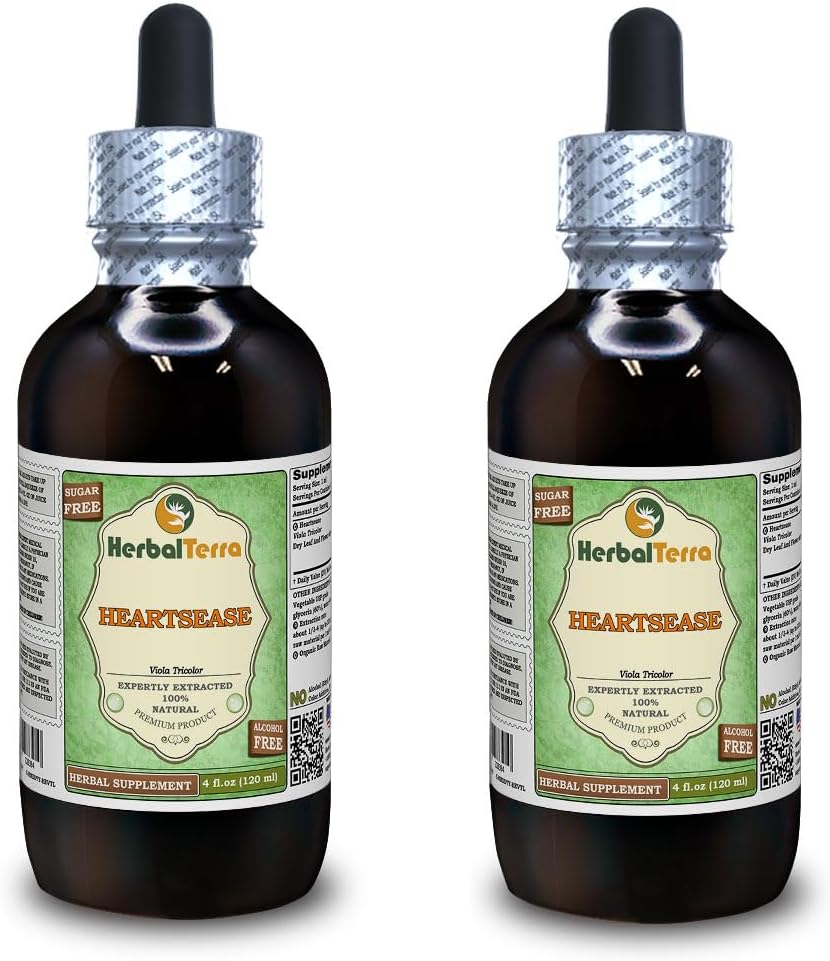 Heartsease (Viola Tricolor) Glicérite, Hojas y Flores orgánicas sin alcohol Extracto líquido libre de alcohol (Marca: HerbalTerra, Proudly Made in USA) 2x4 fl.oz (2x120 ml)