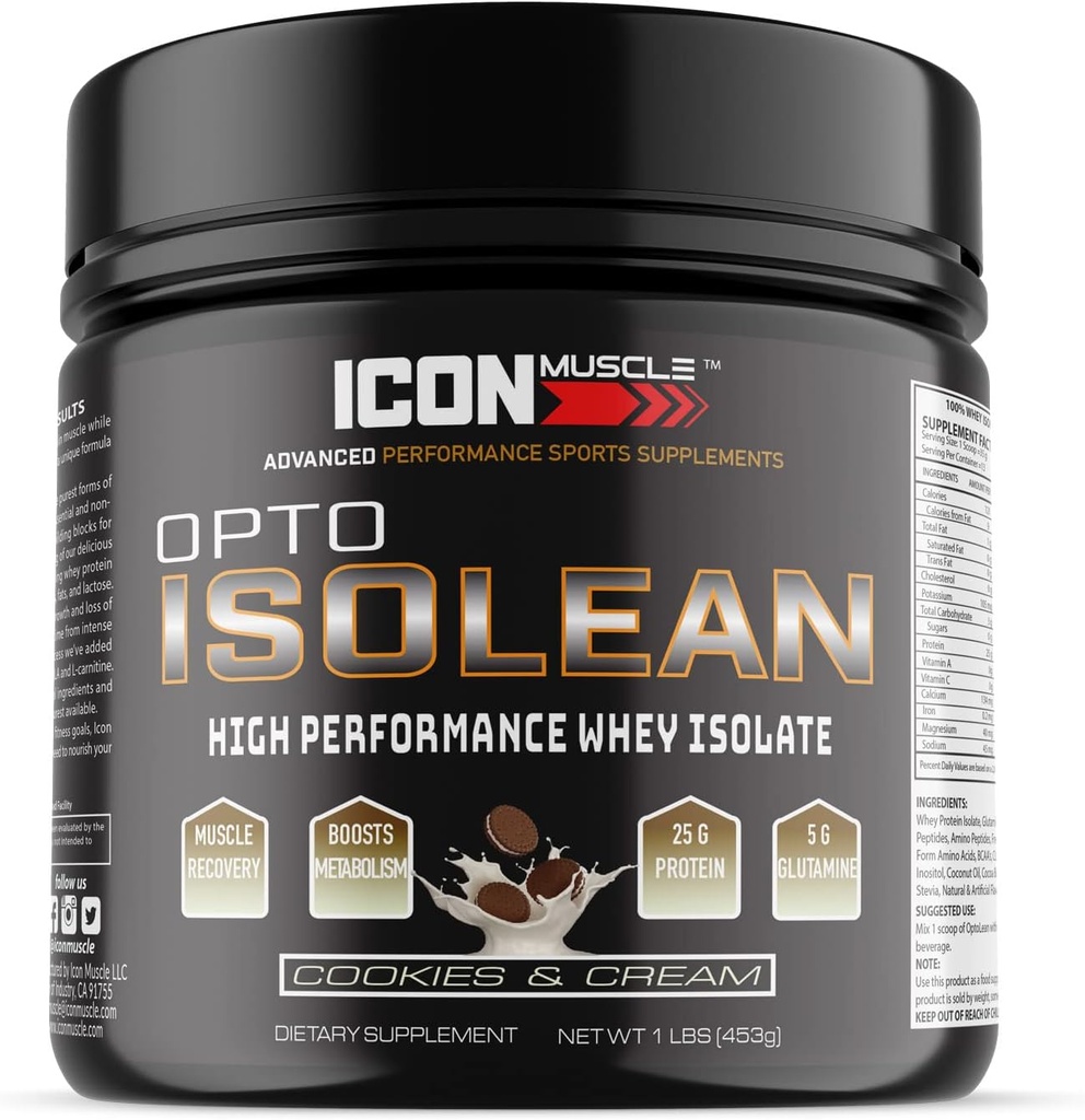 Isolean Whey Protein Isolate Powder, Vanilla, Chocolate, Strawberry, Cookies & Cream, Salted Caramel, Chocolate Mint, Chocolate Peanut Butter, 1 Pound (Cookies & Cream)