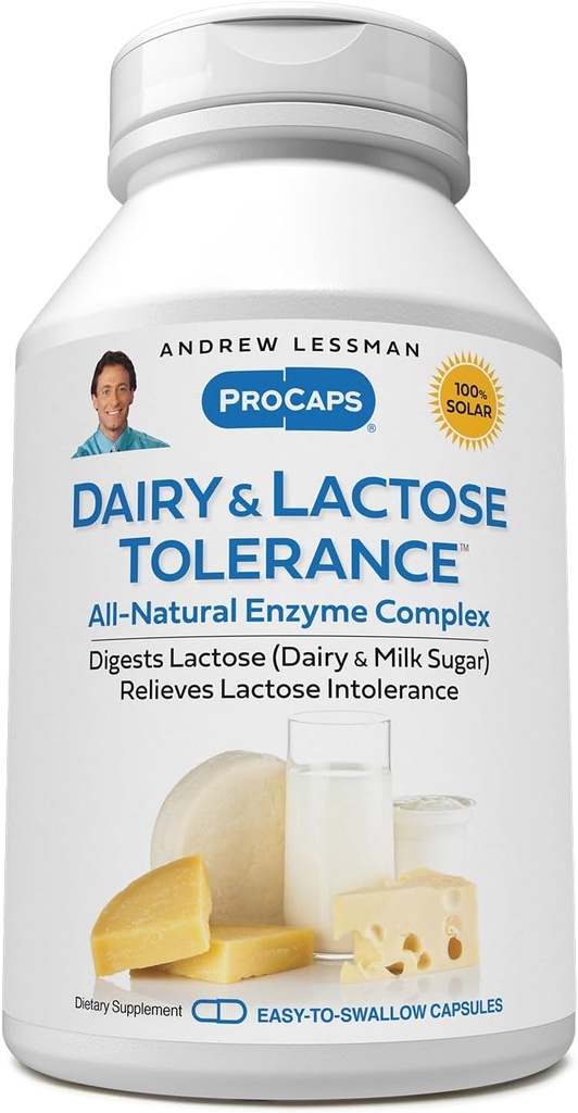 ANDREW LESSMAN Dairy and Lactose Tolerance 240 Capsules - Enhances Natural Digestion of Dairy and Lactose. Enzimas leves, potentes y totalmente naturales ayudan a evitar las molestias de GI en la digestión. No hay aditivos